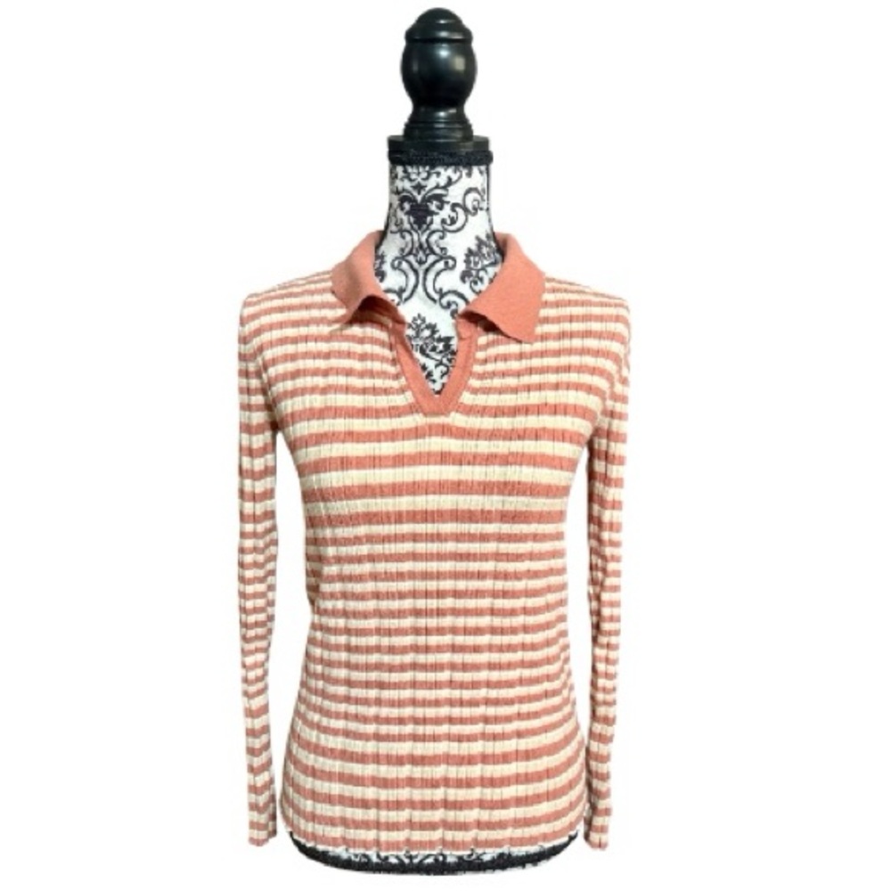 TEA N ROSE Striped Ribbed Long Sleeve Polo Sweater